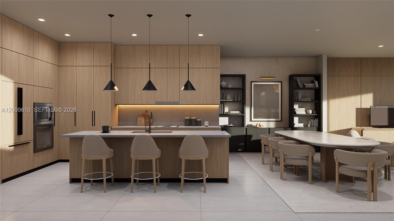 This is a rendering of a modern kitchen and dining area with light wood cabinetry — 1047 SW 13th Ave, Miami FL 33135, MIAMI, FL