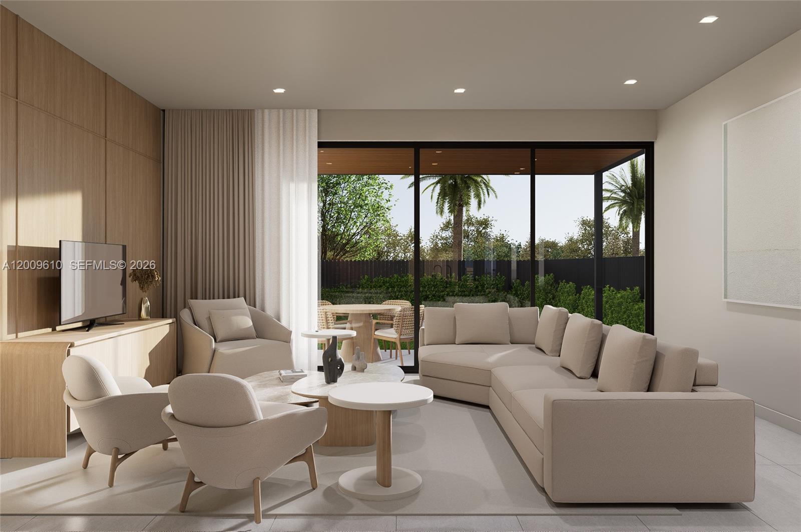 This rendering shows a modern living room with neutral furniture, wood paneling, and floor-to-ceiling windows — 1047 SW 13th Ave, Miami FL 33135, MIAMI, FL