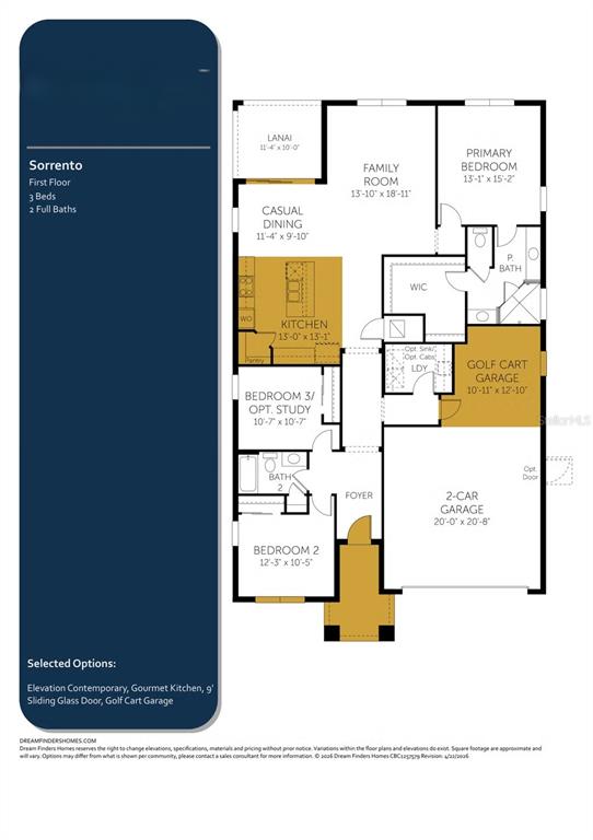 This is a floor plan for a three-bedroom, two-bathroom home with a golf cart garage — 6873 NW GLYNLEA BOULEVARD S, PORT ST LUCIE, FL