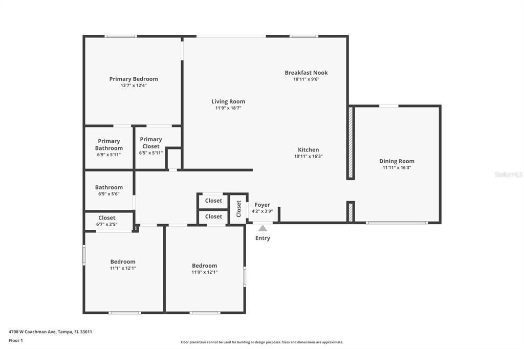 This is a floor plan of a single-story house with three bedrooms and two bathrooms — 4708 W COACHMAN AVENUE, TAMPA, FL