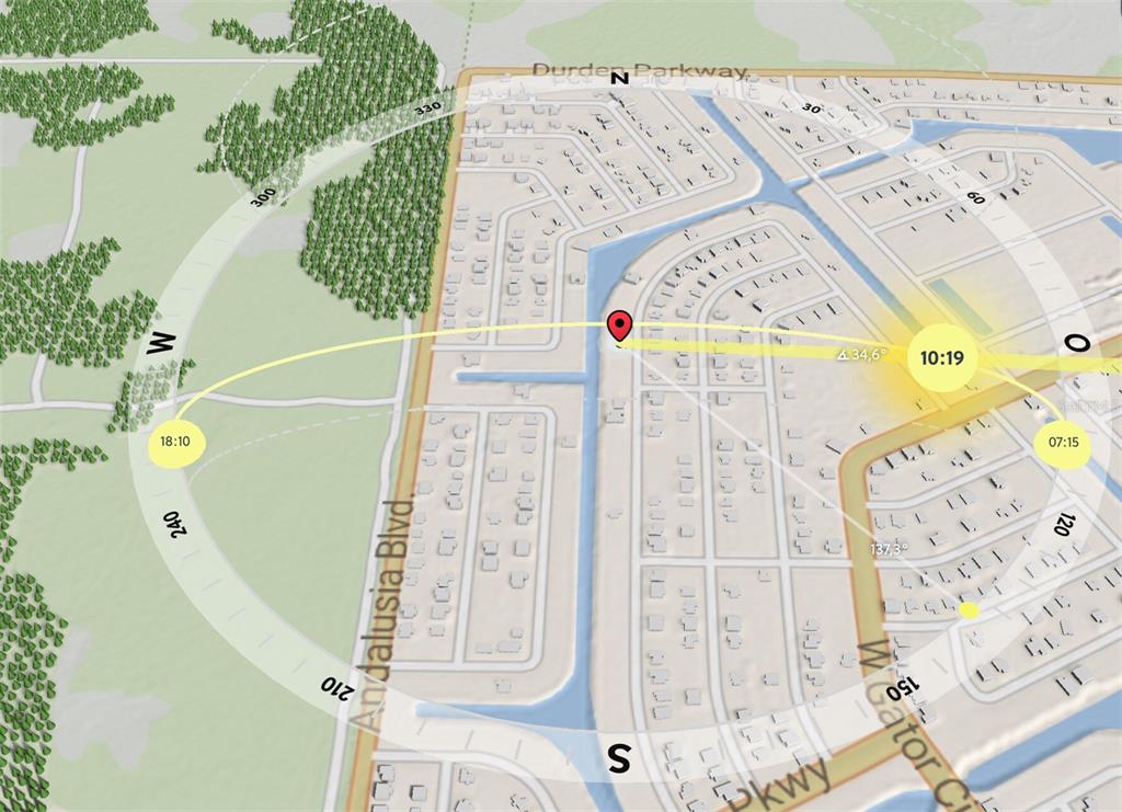 This is a digital map showing a residential neighborhood with a sun path overlay — 4112 NE 9TH PLACE, CAPE CORAL, FL