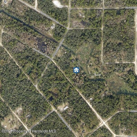 This is an aerial map view showing a wooded lot with a house icon — lOT 7 NORTHWEST AVENUE, WEBSTER, FL