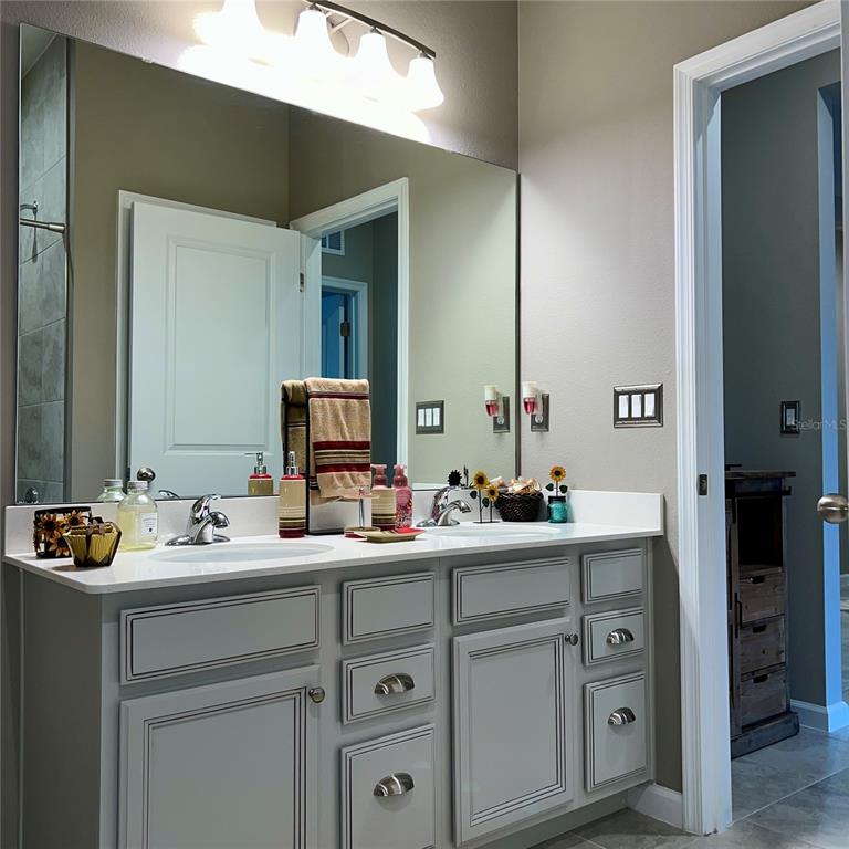 A bathroom features a double-sink vanity with gray cabinets, white countertops, and a large mirror — 456 WINTER SOLSTICE LANE, MOUNT DORA, FL