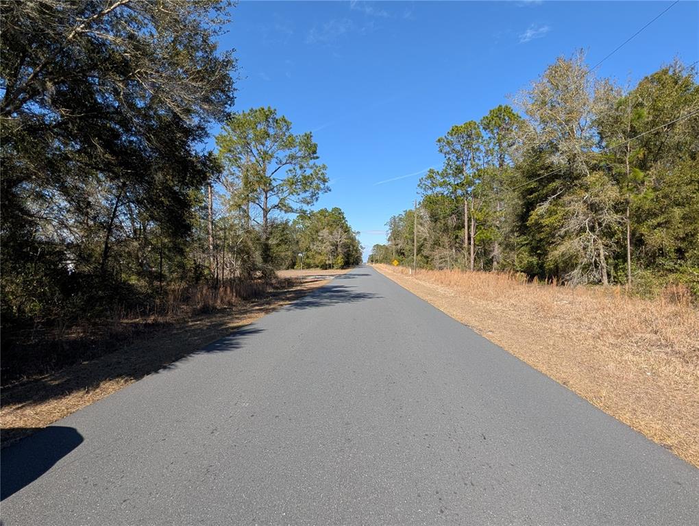 A paved road stretches into the distance between wooded areas under a clear blue sky — SW SOUNDVIEW DRIVE, DUNNELLON, FL
