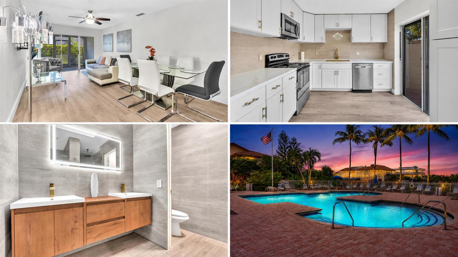 A collage showing a living area, kitchen, modern bathroom, and a community swimming pool — 6663 Via Regina, Boca Raton FL 33433, BOCA RATON, FL