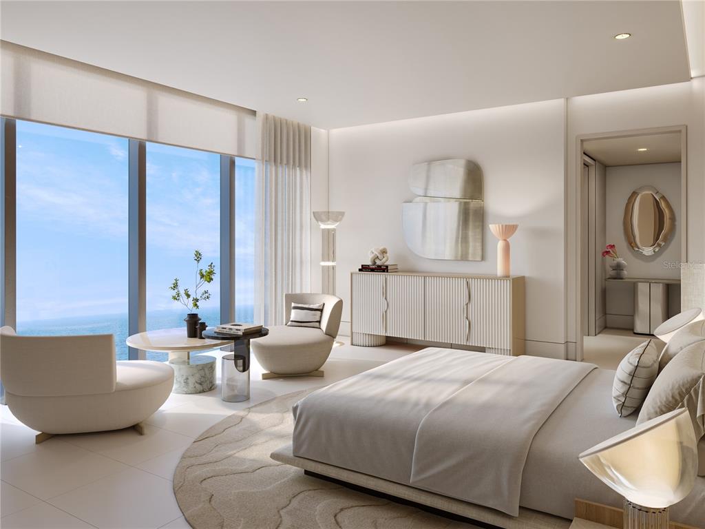This rendering shows a modern bedroom with floor-to-ceiling windows overlooking the ocean — 1149 ASHFORD AVENUE UNIT PH 2201, SAN JUAN, PR