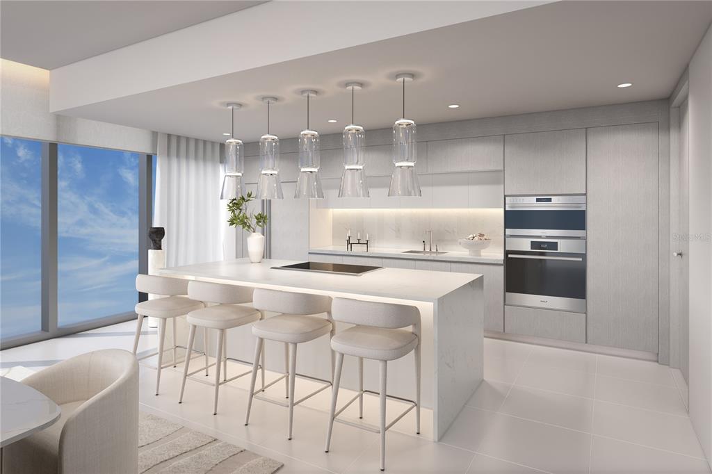 This rendering shows a modern kitchen with a white marble island, bar seating, and appliances — 1149 ASHFORD AVENUE UNIT PH 2201, SAN JUAN, PR