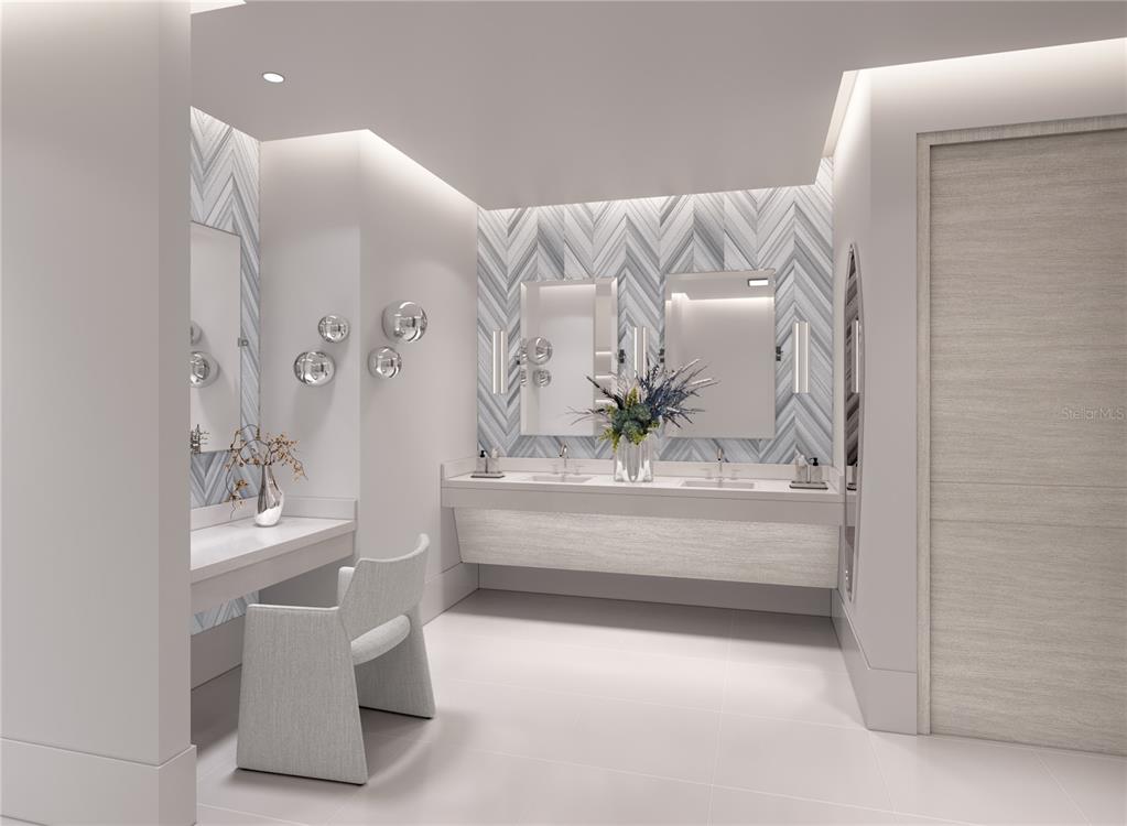 A rendering of a modern bathroom featuring a double vanity, makeup station, and chevron-patterned wall — 1149 ASHFORD AVENUE UNIT PH 2201, SAN JUAN, PR
