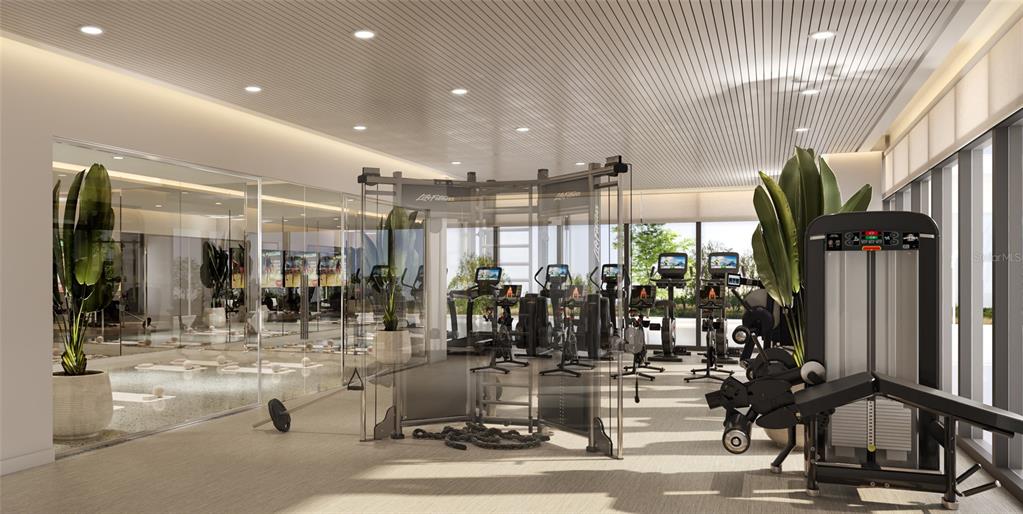 This rendering shows a modern fitness center with exercise equipment, large mirrors, and potted plants — 1149 ASHFORD AVENUE UNIT PH 2201, SAN JUAN, PR