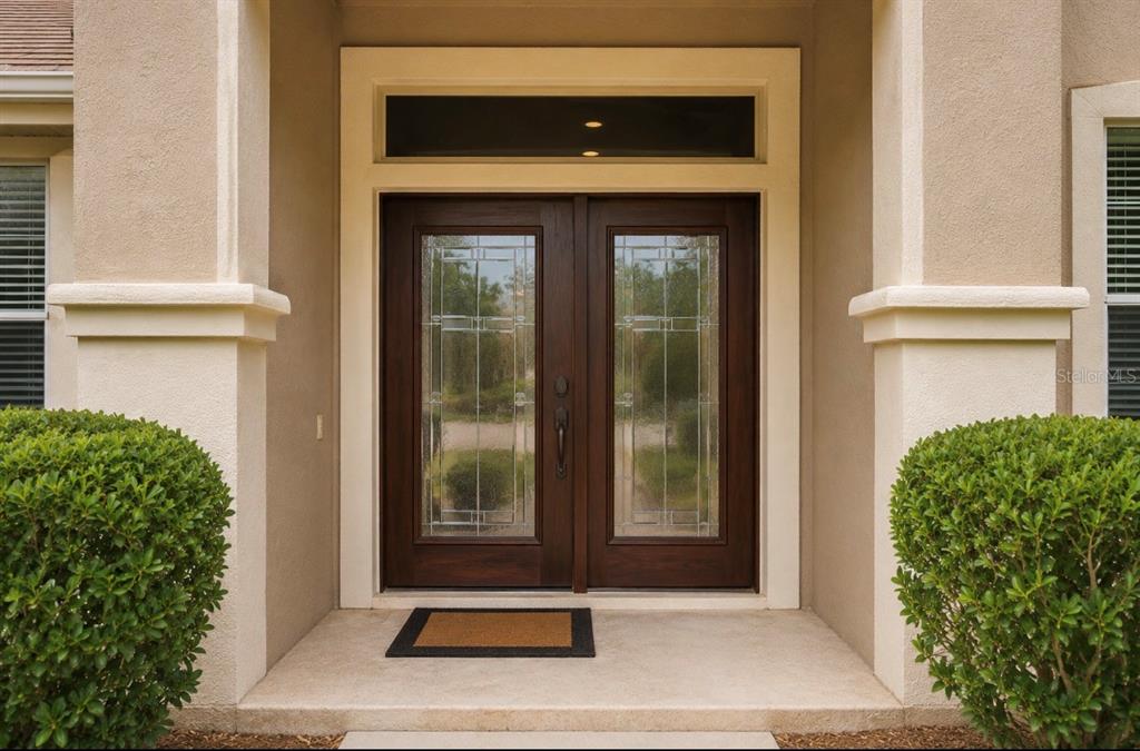 A front entryway features double wooden doors with glass panels and a rectangular transom window — 12716 SE 91ST TERRACE ROAD, SUMMERFIELD, FL