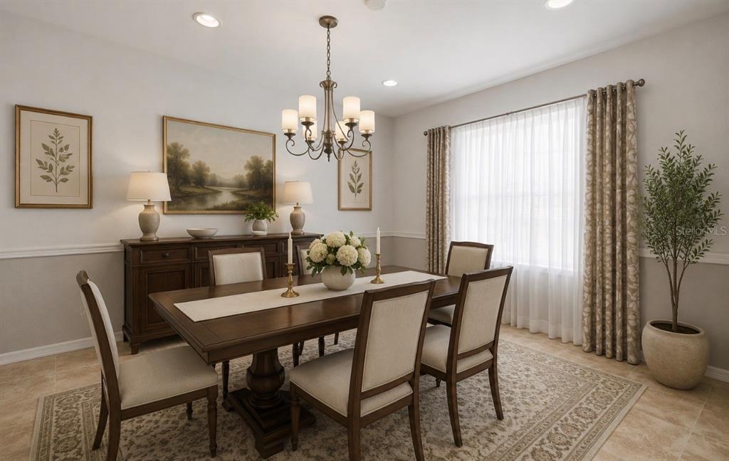 A formal dining room features a wooden table, upholstered chairs, a chandelier, and a sideboard — 12716 SE 91ST TERRACE ROAD, SUMMERFIELD, FL