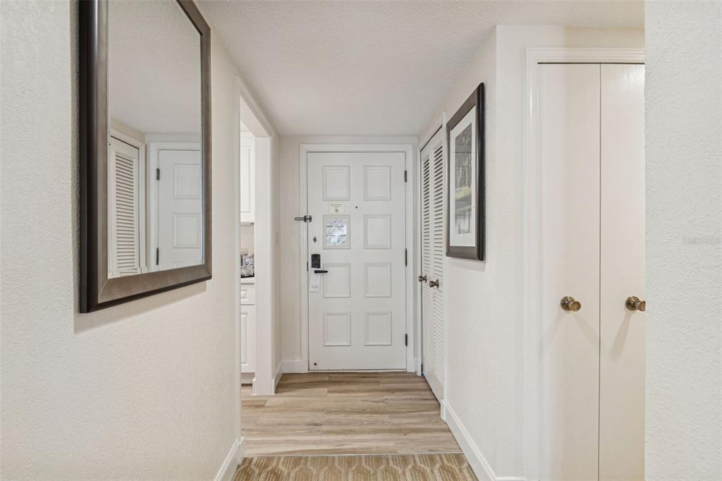 A hallway features light wood-look flooring, a white entry door, and a large wall mirror — 36750 US HIGHWAY 19 N UNIT 13207, PALM HARBOR, FL