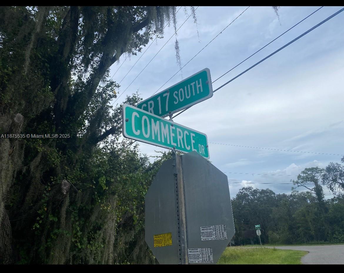 A street sign for Commerce Dr and CR 17 South stands near a large tree — 6005 Lake Front Dr, Sebring FL 33876, SEBRING, FL