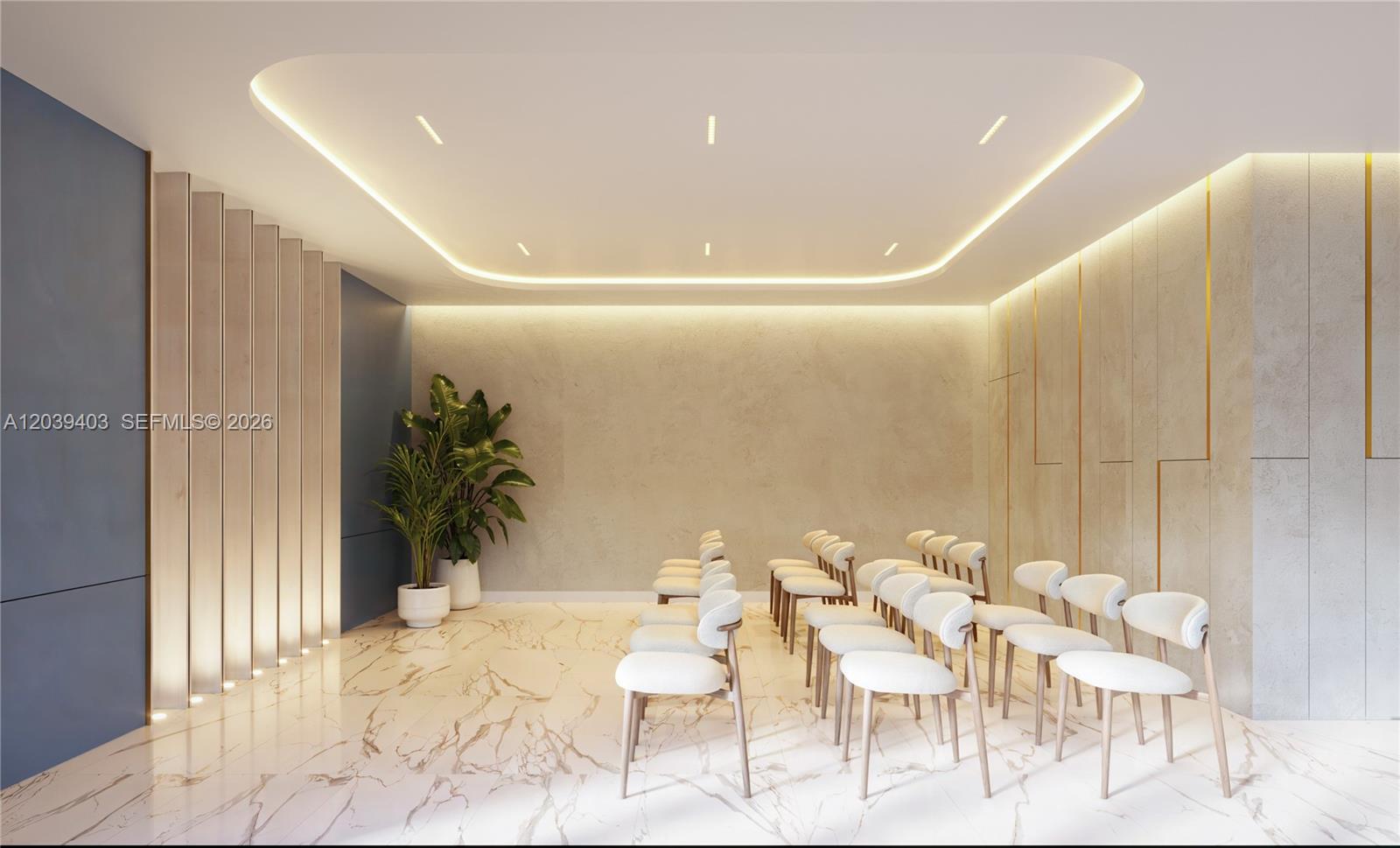 This rendering shows a modern meeting room with white chairs, marble flooring, and cove lighting — 2557 NE 190th st # 506, Miami FL 33180, MIAMI, FL