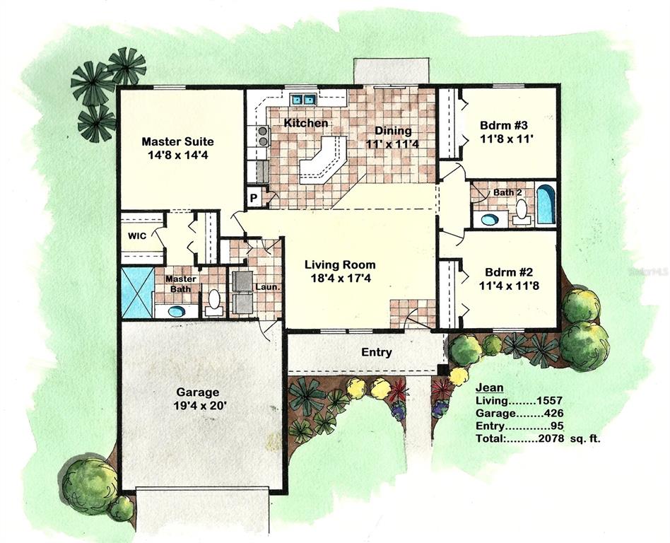 This floor plan shows a three-bedroom, two-bathroom house with a garage and living area — 7830 N JAMAICA DRIVE, CITRUS SPRINGS, FL