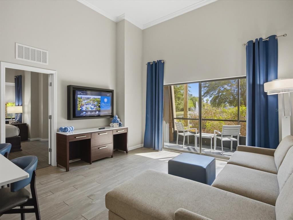 A living room features a sectional sofa, a television, and a sliding door to a balcony — 14501 GROVE RESORT AVENUE UNIT 1114, WINTER GARDEN, FL