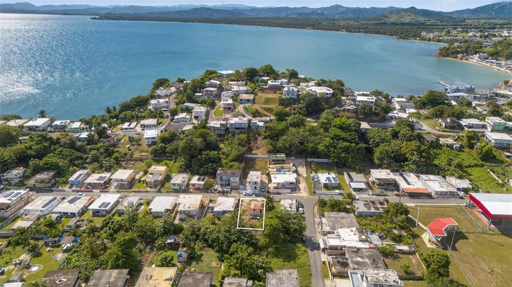 An aerial view shows a residential neighborhood with a highlighted lot near the coastline — COMM. HUCARES 119, NAGUABO, PR