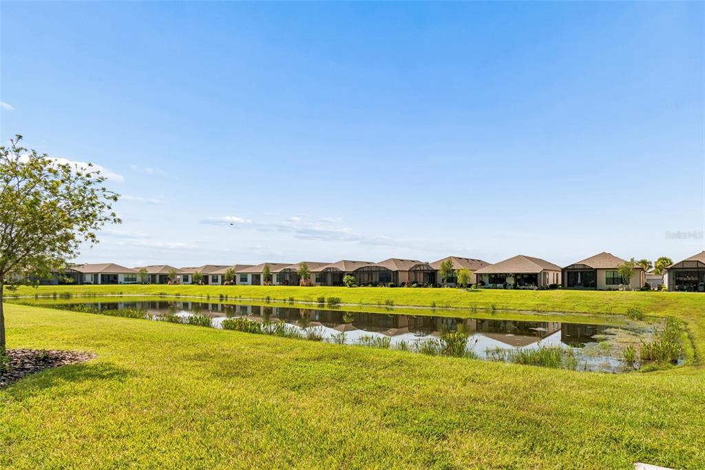 A grassy lawn leads to a pond in front of a row of suburban houses — 779 VIA COMO ST, POINCIANA, FL