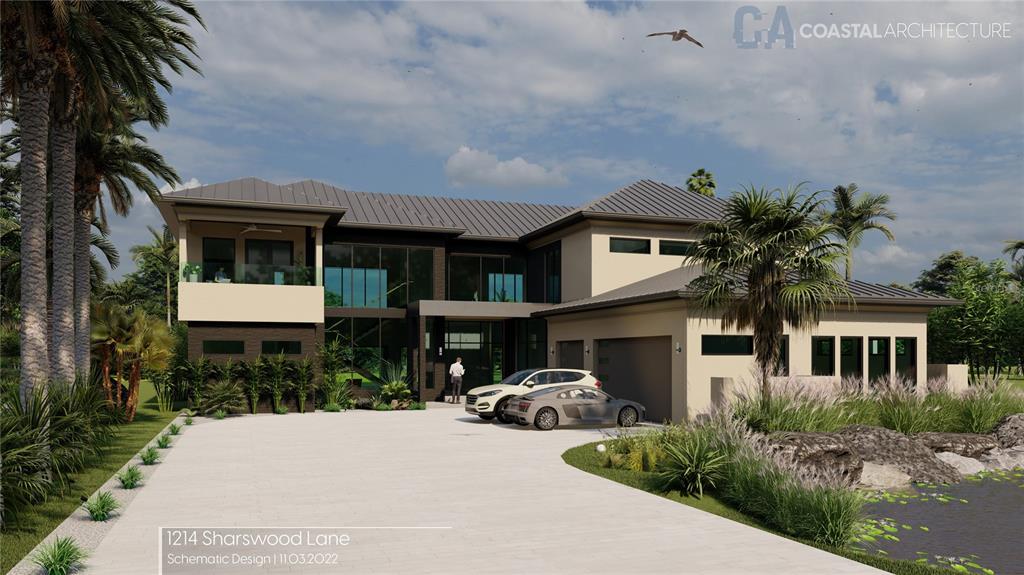 This architectural rendering shows a modern two-story house with a large driveway and two cars — 0 SHARSWOOD LANE, SARASOTA, FL