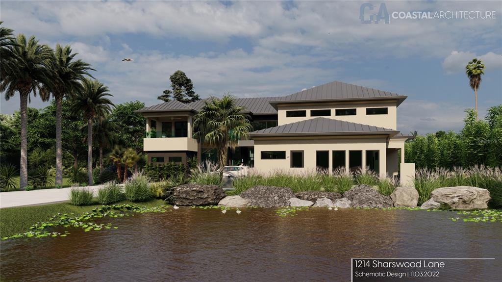 This is a digital architectural rendering of a modern two-story house situated by a pond — 0 SHARSWOOD LANE, SARASOTA, FL