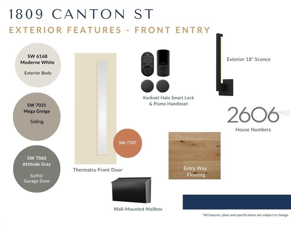 This rendering displays exterior design specifications including paint colors, door style, hardware, lighting, and flooring — 1809 CANTON STREET, ORLANDO, FL