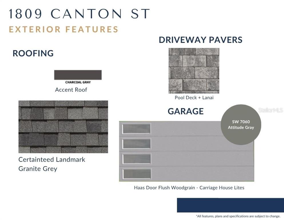This image is a design board displaying exterior material selections including roofing, pavers, and garage door — 1809 CANTON STREET, ORLANDO, FL