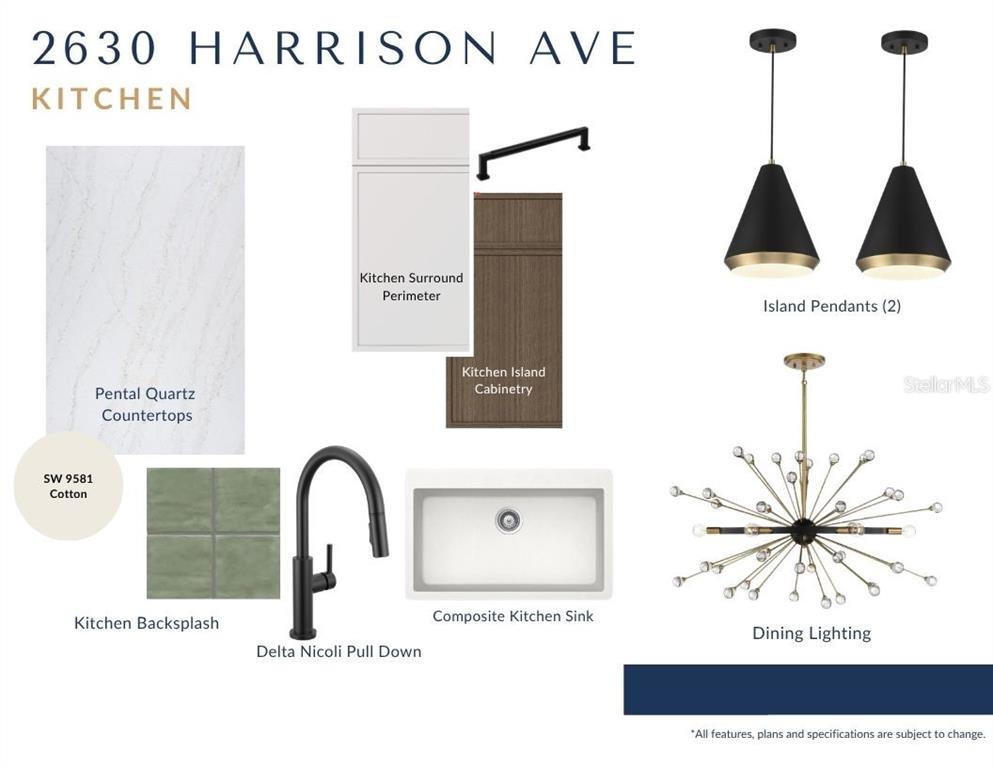 This design board displays kitchen finishes including quartz countertops, cabinetry, lighting, a sink, and backsplash — 1809 CANTON STREET, ORLANDO, FL