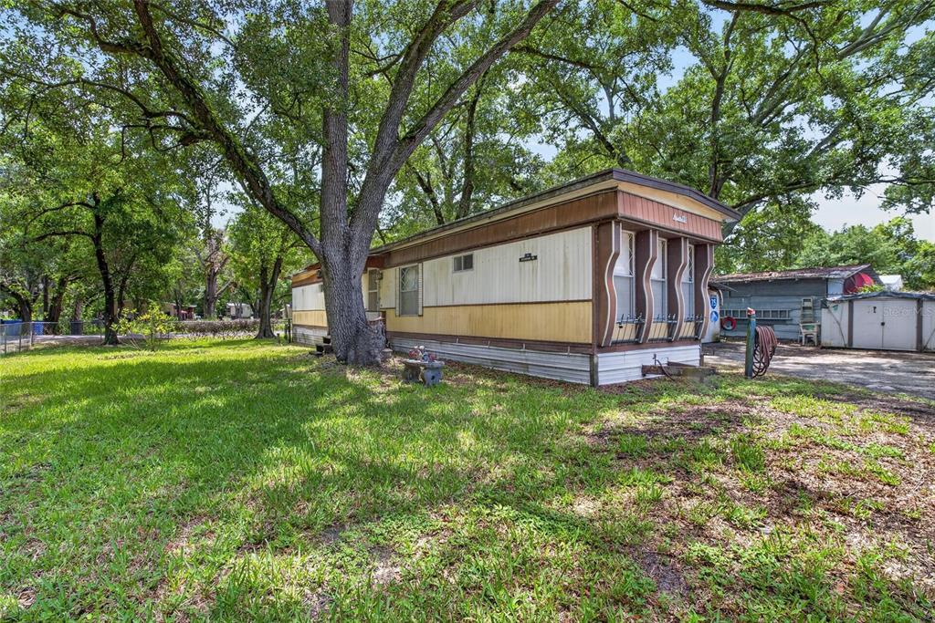 A single-wide mobile home with a brown and cream exterior sits under large oak trees — 10227 OAK AVENUE, TAMPA, FL