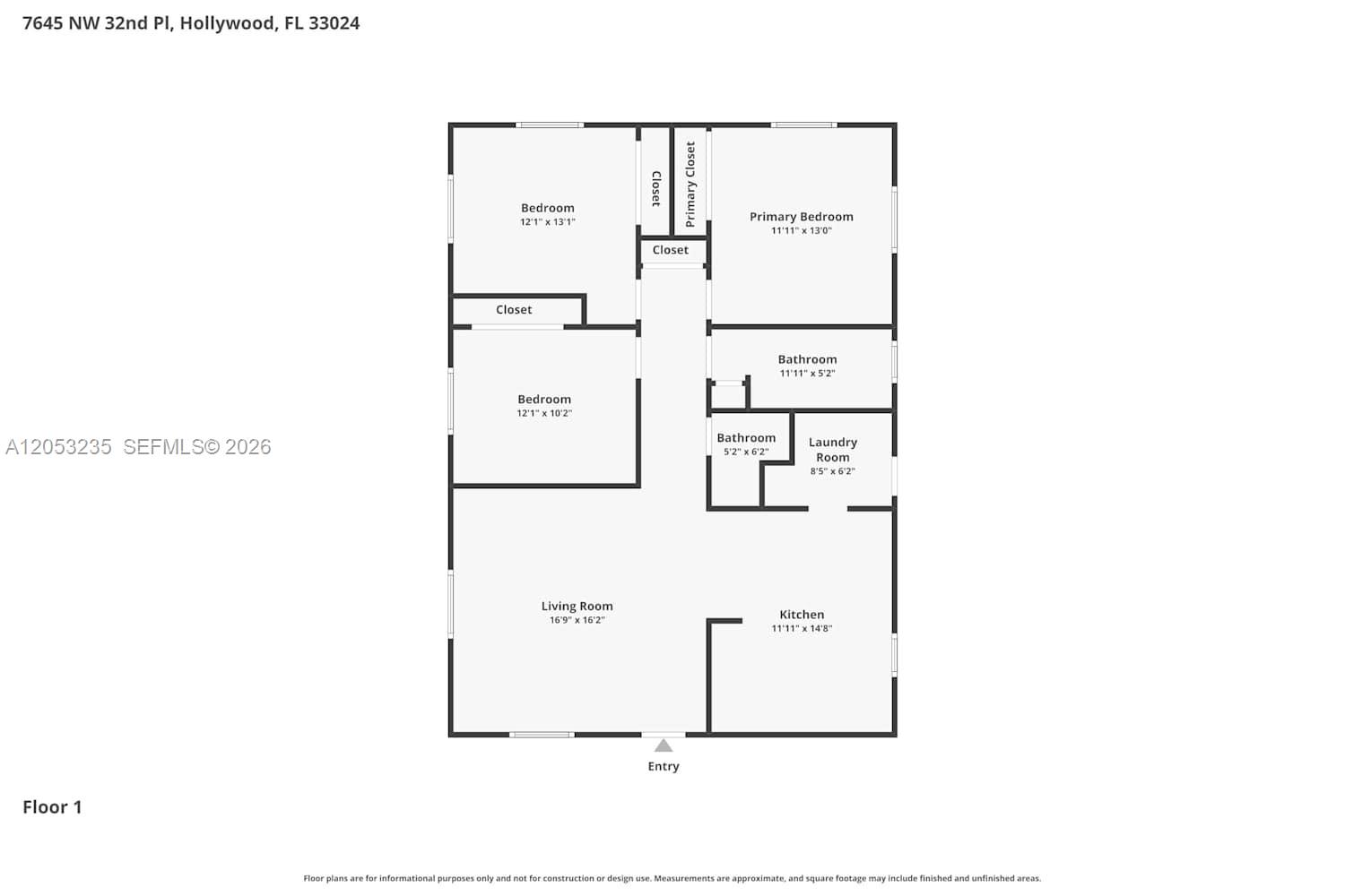 This is a floor plan showing a home with a living room, kitchen, and three bedrooms — DAVIE, FL