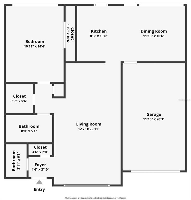 This is a floor plan of a one-bedroom, two-bathroom home with an attached garage — 8454 AUSTIN N, PINELLAS PARK, FL