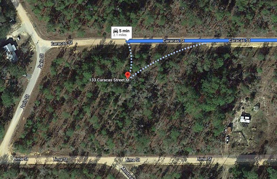 This map shows a vacant, wooded residential lot located between Caracas Street and Lima Street — 133 CARACAS STREET, INTERLACHEN, FL