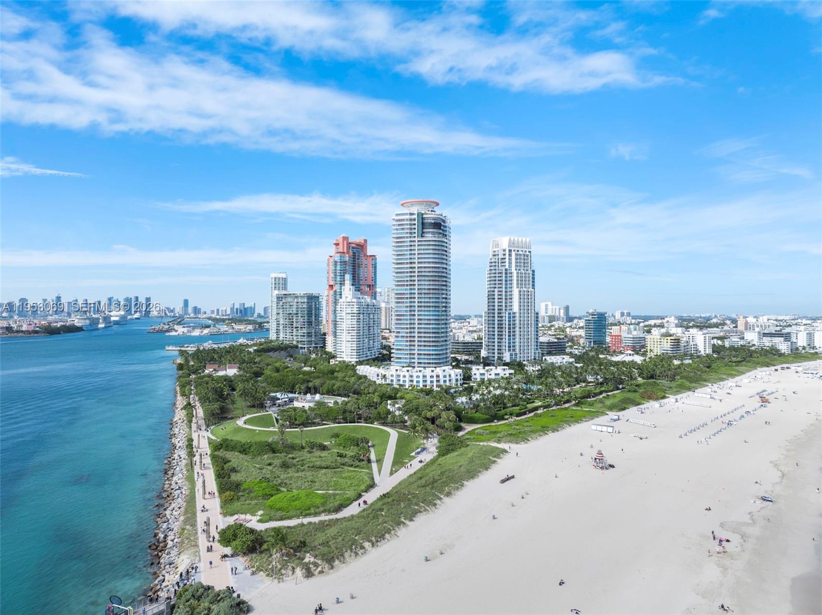 An aerial view of South Pointe Park, the beach, and high-rise buildings in Miami Beach — 100 S Pointe Dr # 510, Miami Beach FL 33139, MIAMI BEACH, FL