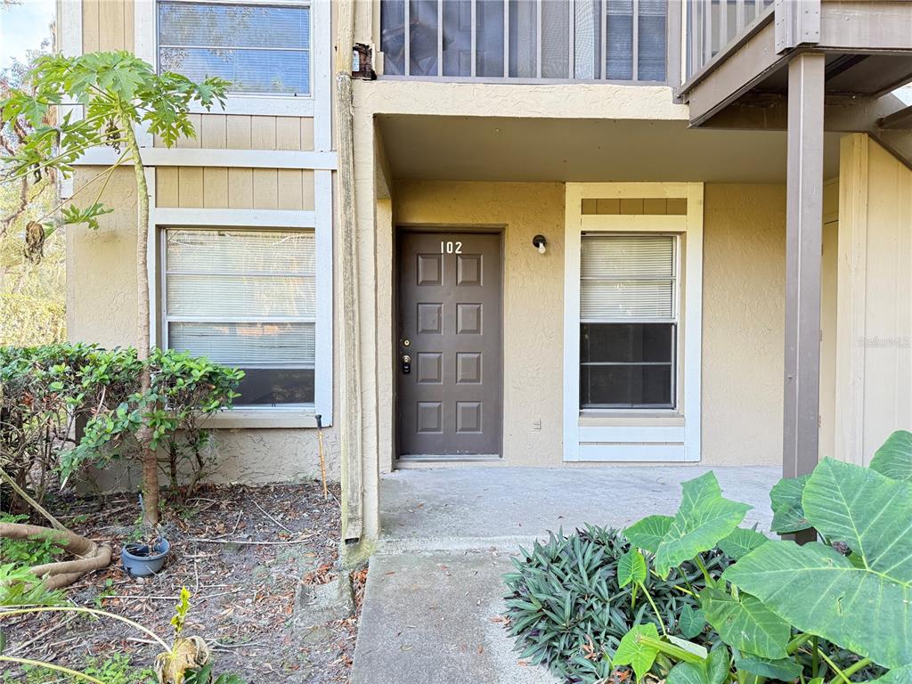The exterior of a ground-floor apartment unit features a brown door labeled 102 — 14308 HANGING MOSS CIRCLE UNIT 102, TAMPA, FL