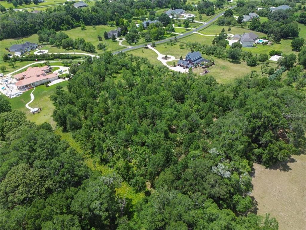 An aerial view shows a large, wooded lot surrounded by residential homes and green lawns — 4023 NW 155TH TERRACE, NEWBERRY, FL
