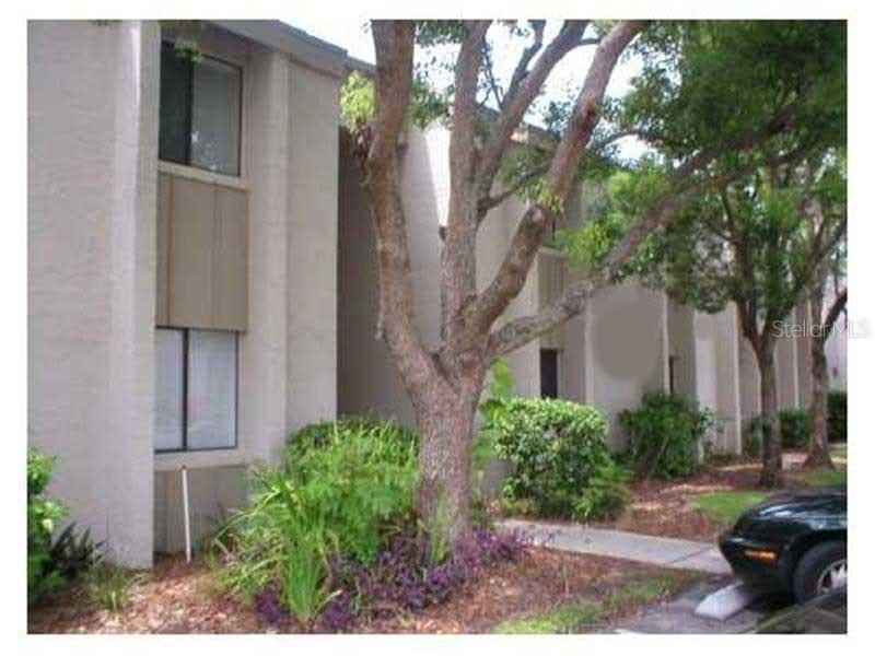 A two-story apartment building exterior with light-colored siding, large windows, and a mature tree — 137 SPRINGWOOD CIRCLE UNIT D, LONGWOOD, FL