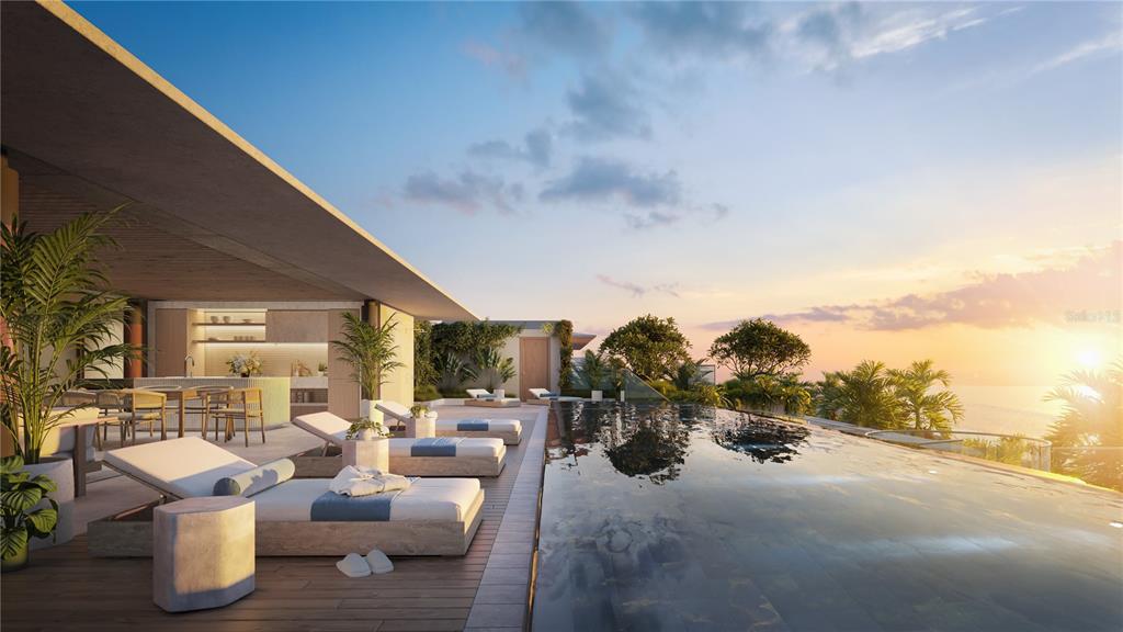 This architectural rendering shows a luxury outdoor terrace with a pool, lounge chairs, and kitchen — 500 MAREA RESIDENCES, COCO BEACH BLVD UNIT 2401, RIO GRANDE, PR