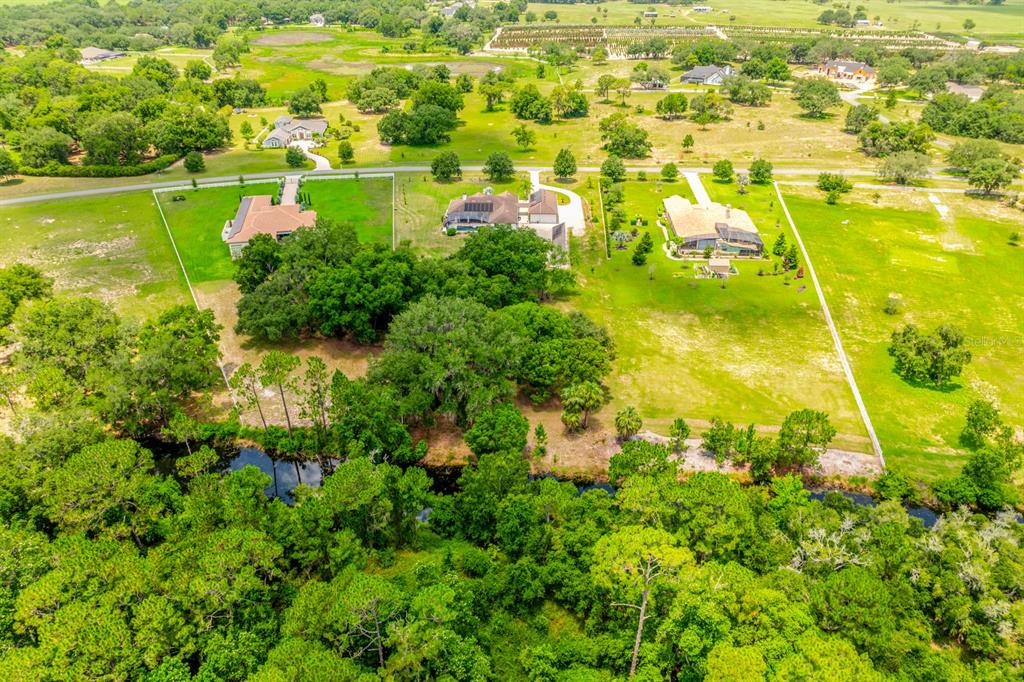 An aerial view shows three houses situated on large, grassy lots near a wooded area — 27324 GRAND OAK LANE, TAVARES, FL