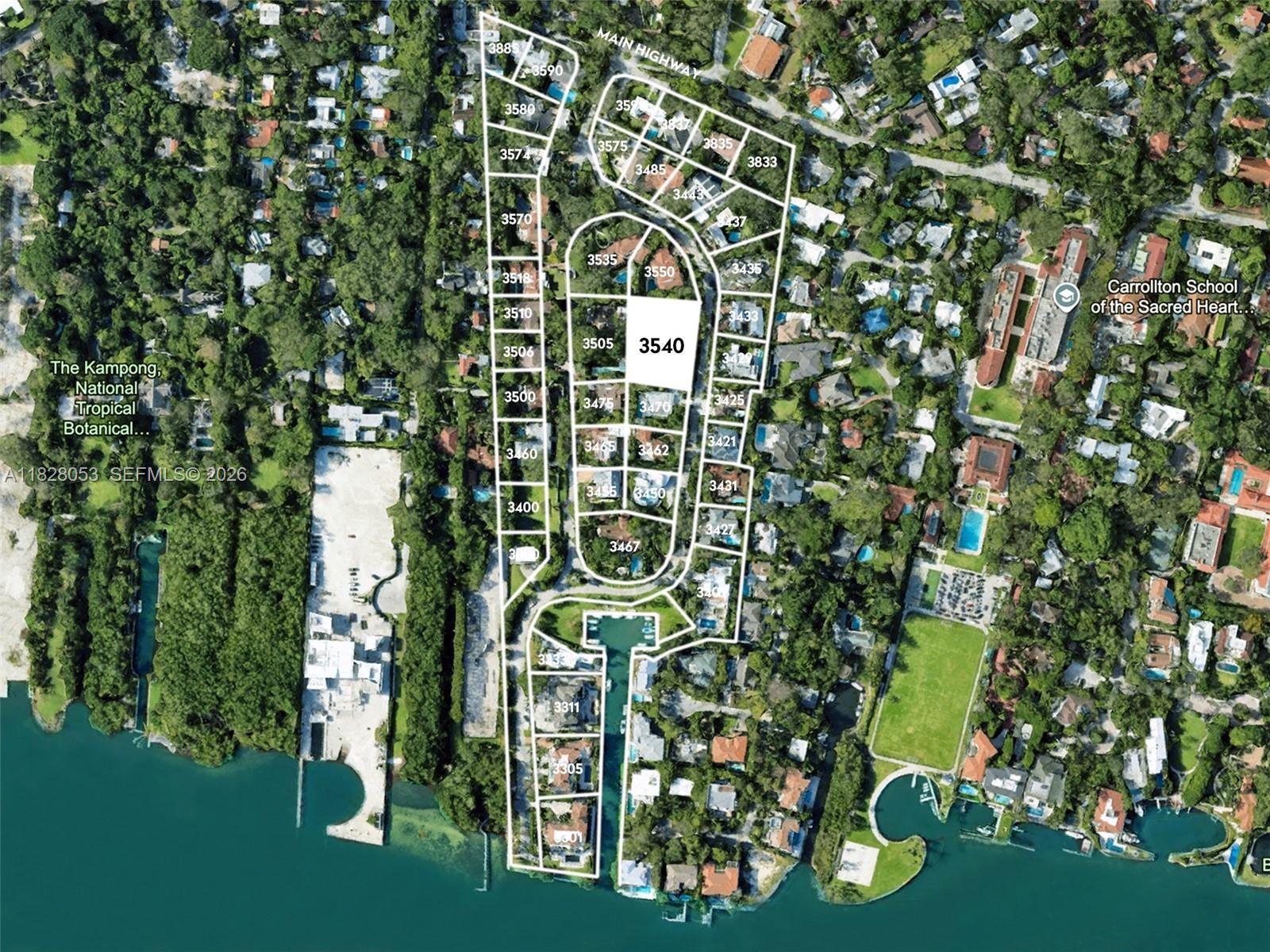 This is an aerial map showing a residential neighborhood layout with numbered property lots — 3540 N Moorings Way, Miami FL 33133, MIAMI, FL