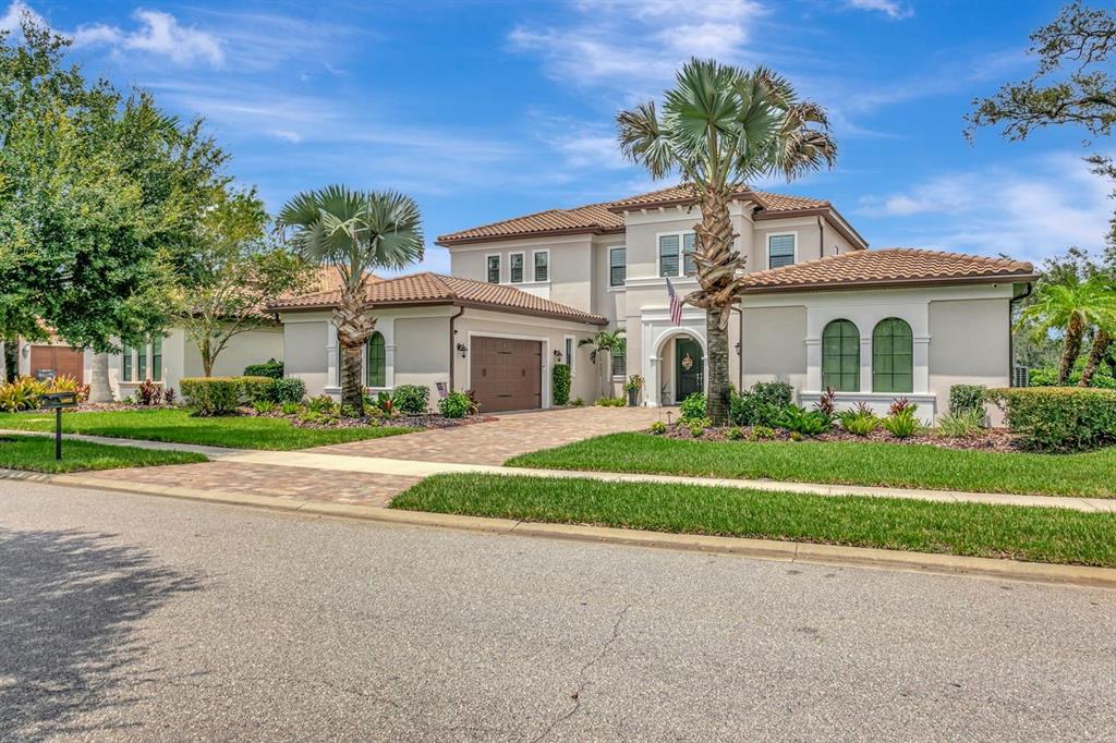 A two-story stucco house with a tile roof, palm trees, and a paved driveway — 14922 FISHHAWK PRESERVE DRIVE, LITHIA, FL