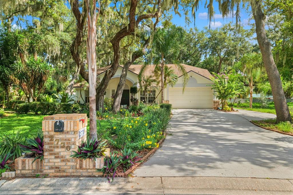 A single-story house with a beige exterior, a two-car garage, and a brick mailbox — 2770 BUCKHORN OAKS DRIVE, VALRICO, FL