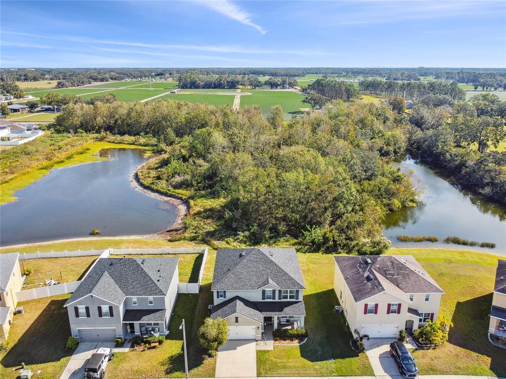 An aerial view shows three suburban houses situated in front of a pond and trees — 3416 SAN MOISE PLACE, PLANT CITY, FL