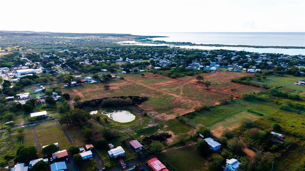 An aerial view shows a large, undeveloped plot of land with a pond near residential houses — Carretera 301 Km 0.6 COMBATE, CABO ROJO, PR