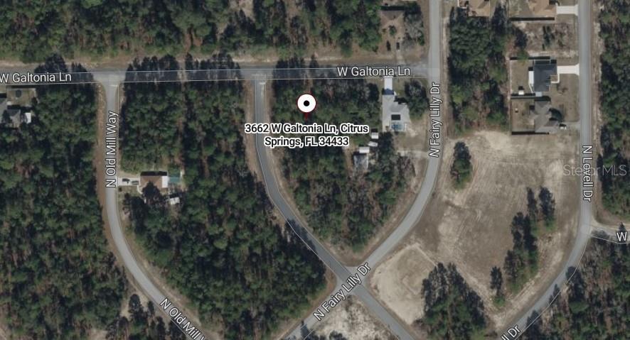 This is a satellite map view of a vacant residential lot in a wooded area — 3662 W GALTONIA LANE, CITRUS SPRINGS, FL