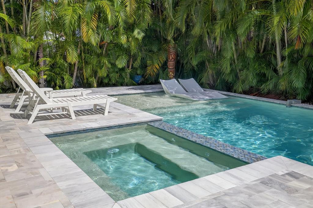 A backyard swimming pool features a built-in spa, tanning ledge with lounge chairs, and landscaping — 3904 W SANTIAGO STREET, TAMPA, FL