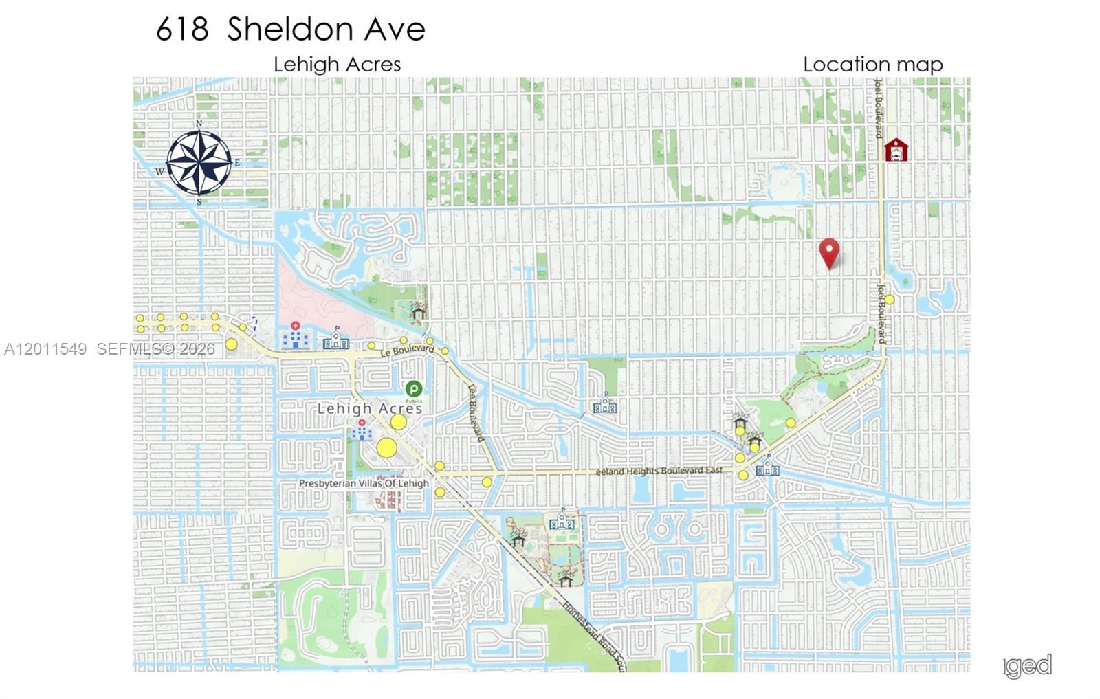 This is a location map showing the neighborhood surrounding a property in Lehigh Acres — 618 SHELDON AVE, Lehigh Acres FL 33936, LEHIGH ACRES, FL