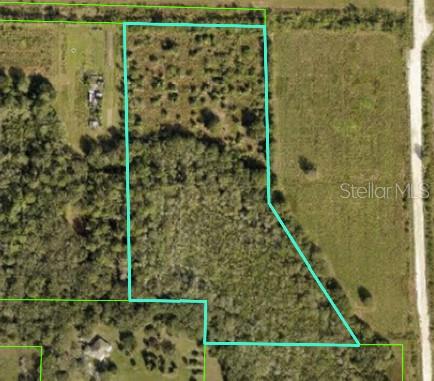 This is an aerial map showing a vacant, irregularly shaped plot of land outlined in teal — 12870 GRASS FARM ROAD, PALMETTO, FL