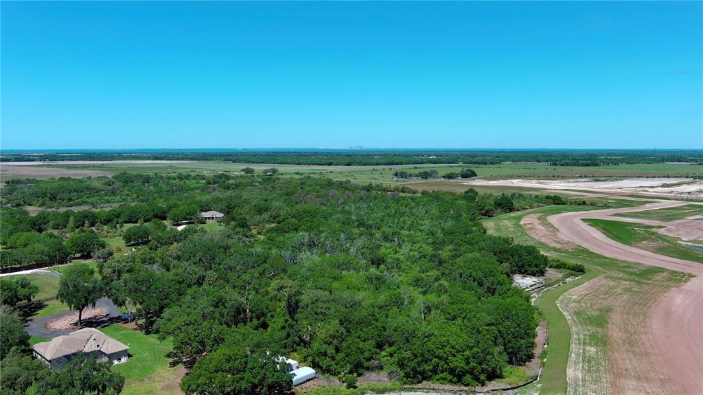 An aerial view shows a wooded lot adjacent to a residential area and cleared land — 12870 GRASS FARM ROAD, PALMETTO, FL