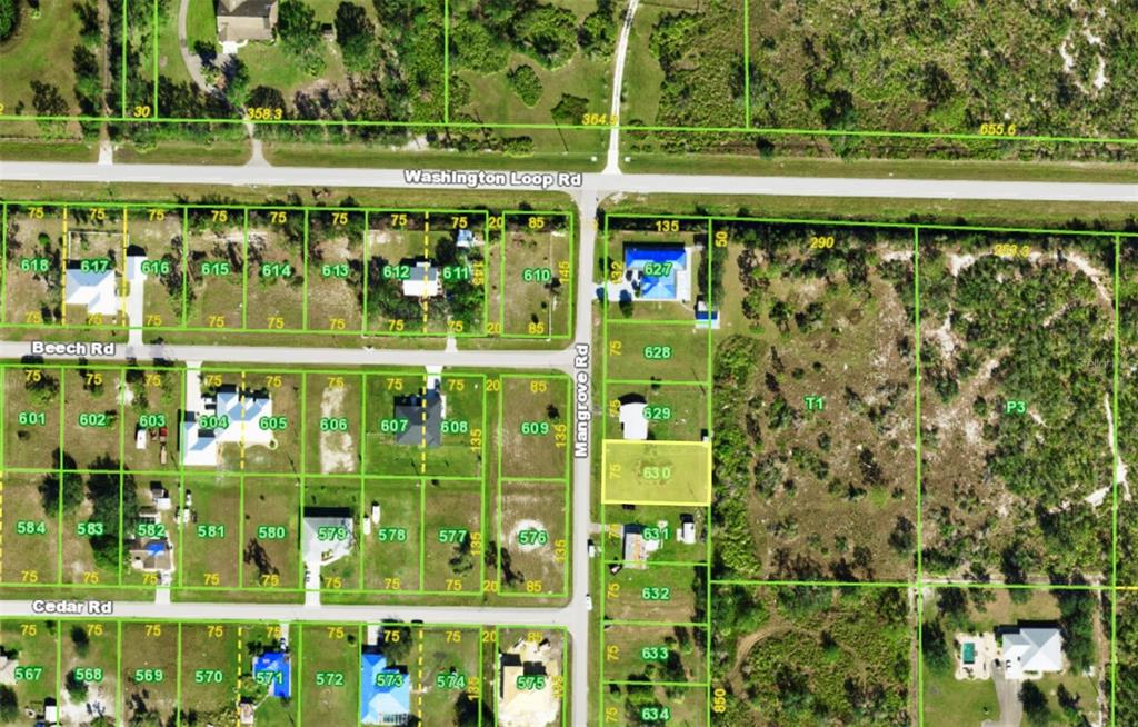 This is an aerial map showing residential lots and streets in a rural area — 2172 MANGROVE ROAD, PUNTA GORDA, FL