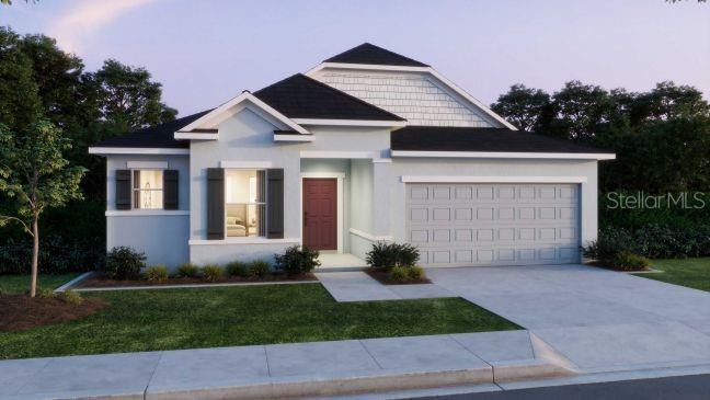 A digital rendering of a single-story suburban house with a light blue exterior and garage — 31530 WILD GRAPE LANE, BROOKSVILLE, FL