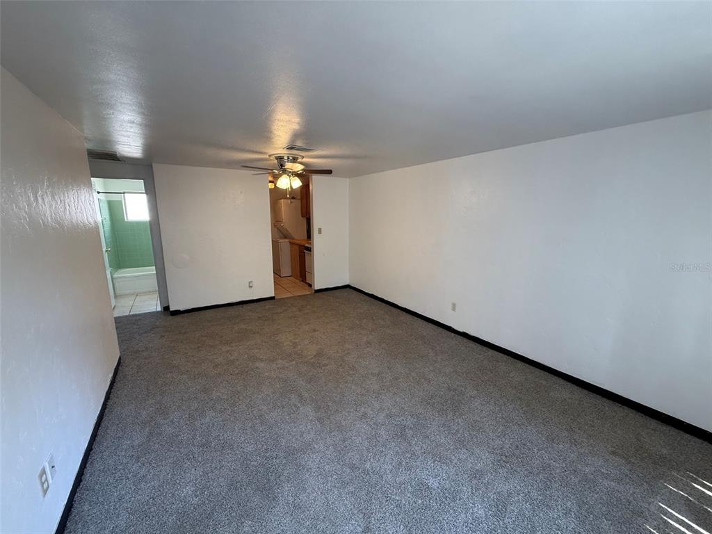 A carpeted living room features white walls, a ceiling fan, and doorways leading to a kitchen and bathroom — 912 SW 6TH AVENUE, GAINESVILLE, FL